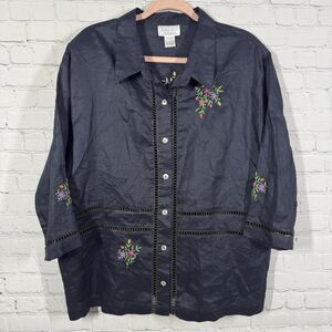 Cottage Tunic Women Plus Size 2X Blue Floral Embroidered Linen Blend Boho Jacket
